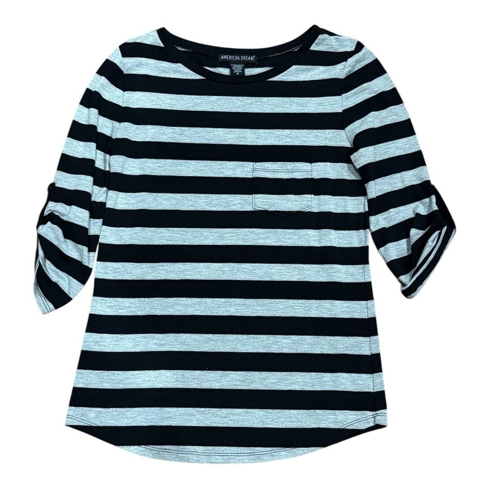 American Dream Shirt Womens Small Black Gray Striped 3/4 Sleeve Pocket Top